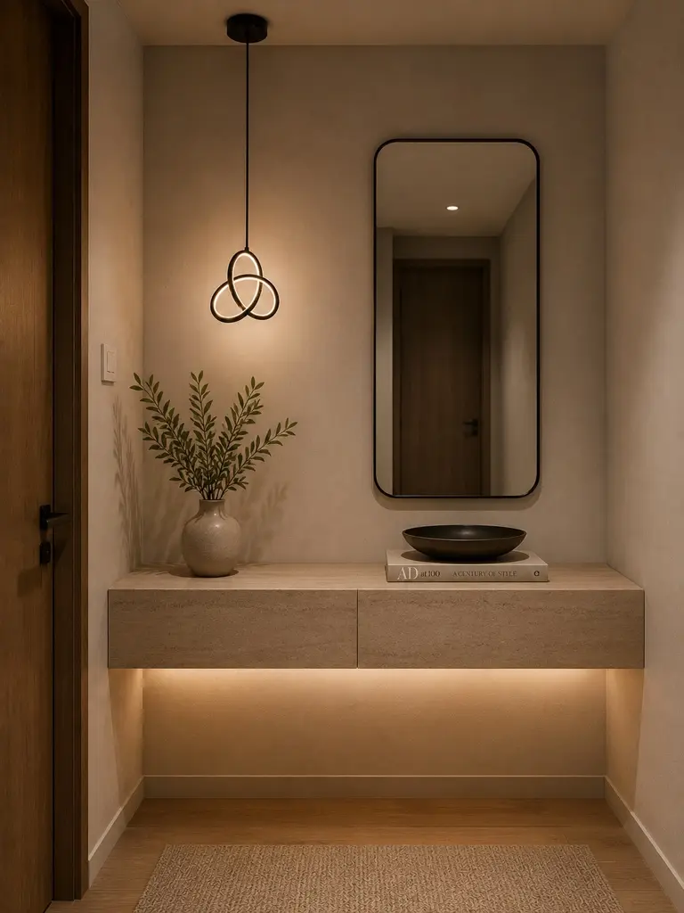 Lámpara Ágata instalada sobre un mueble de recibidor