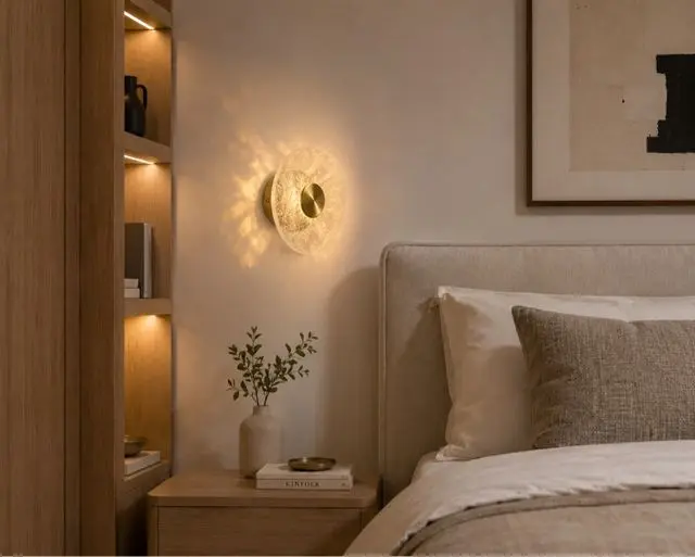 Aplique AP11 instalado junto a una cama en un ambiente cálido