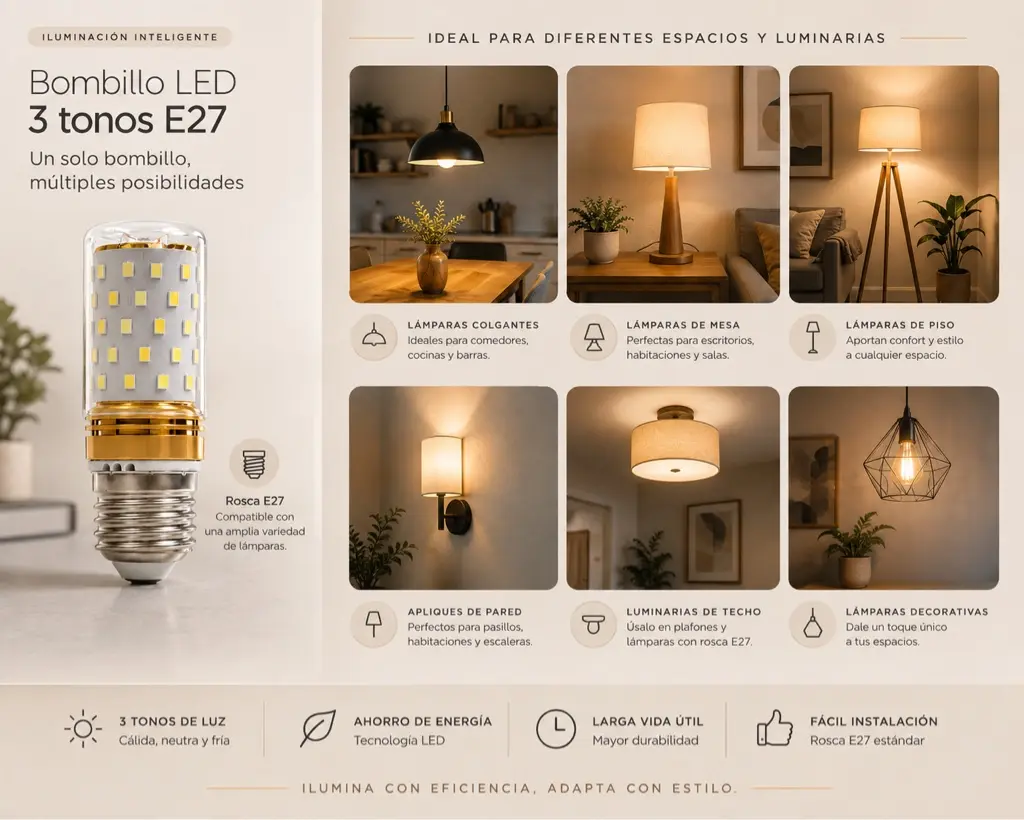 Bombillo LED 12 W 3CCT rosca E27 instalado en un espacio
