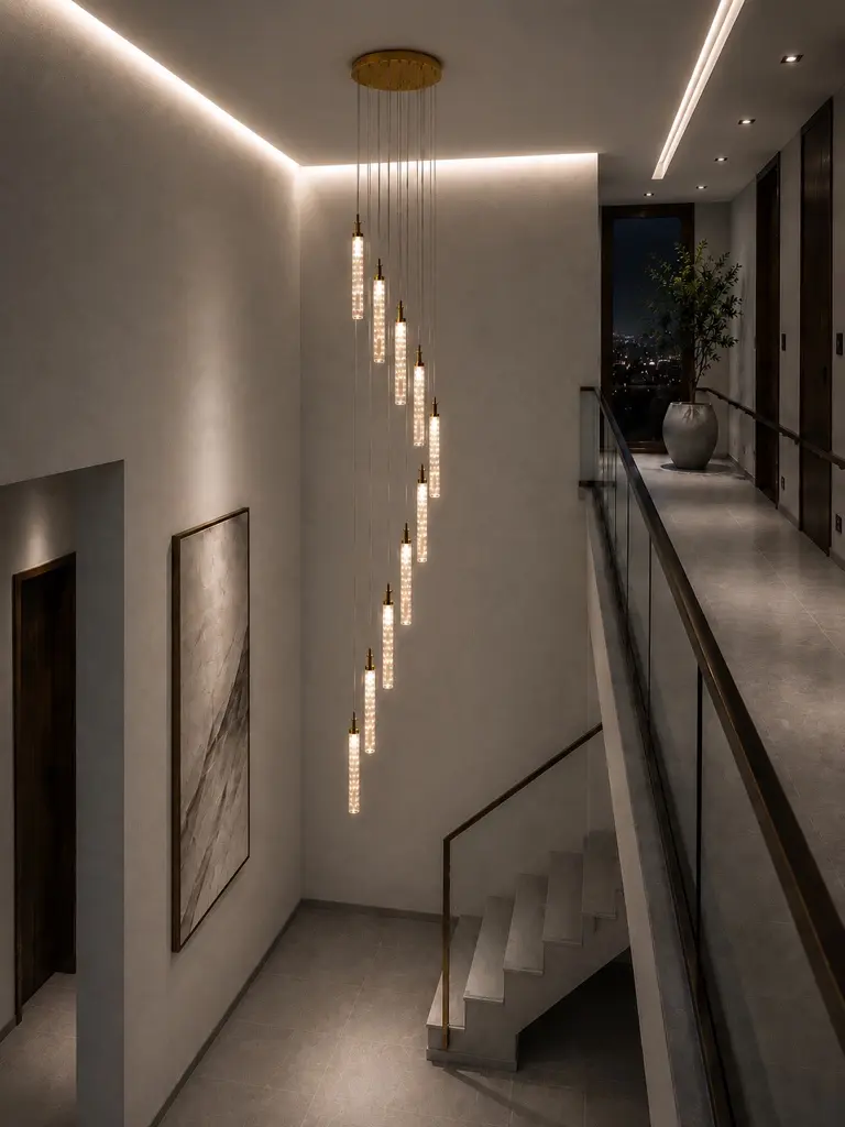 Lámpara colgante instalada en una escalera de doble altura