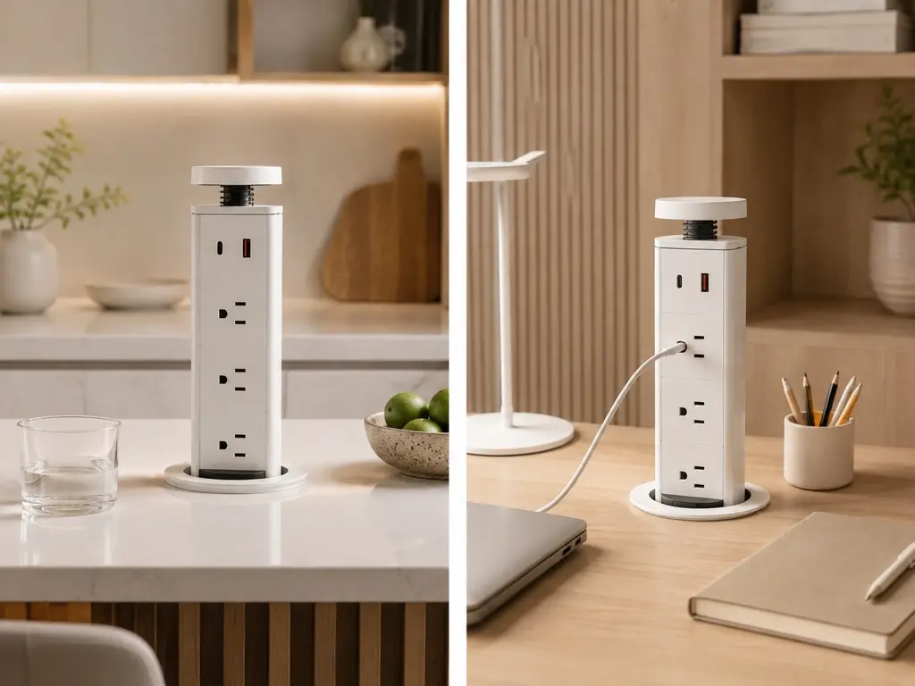 Multitoma eléctrica retráctil instalada en una cocina y un escritorio