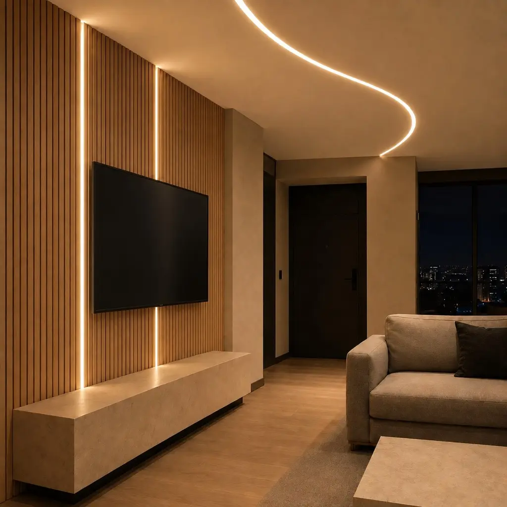 Perfil de silicona con cinta LED integrado en una sala contemporánea