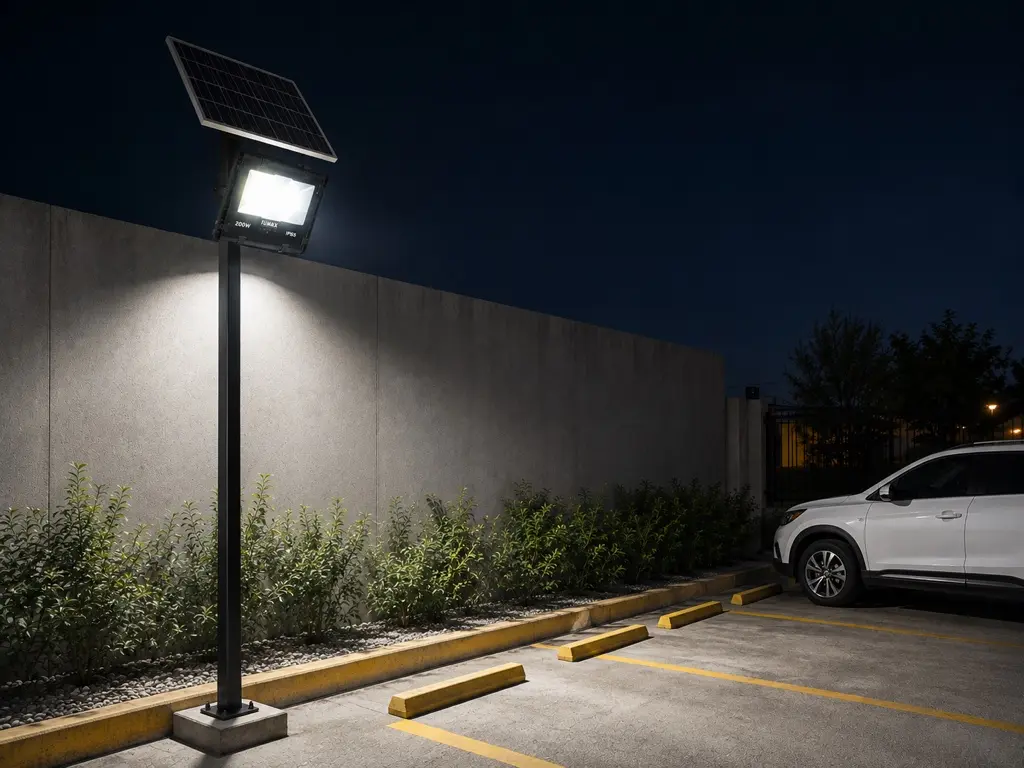 Reflector solar LED 200 W de luz blanca instalado en un espacio