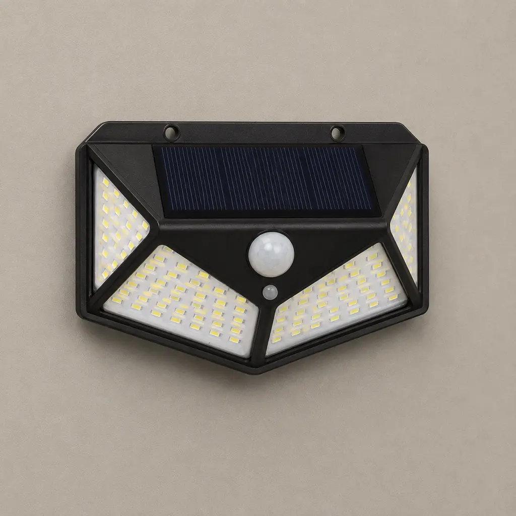 Aplique solar HEXA LED negro visto completo