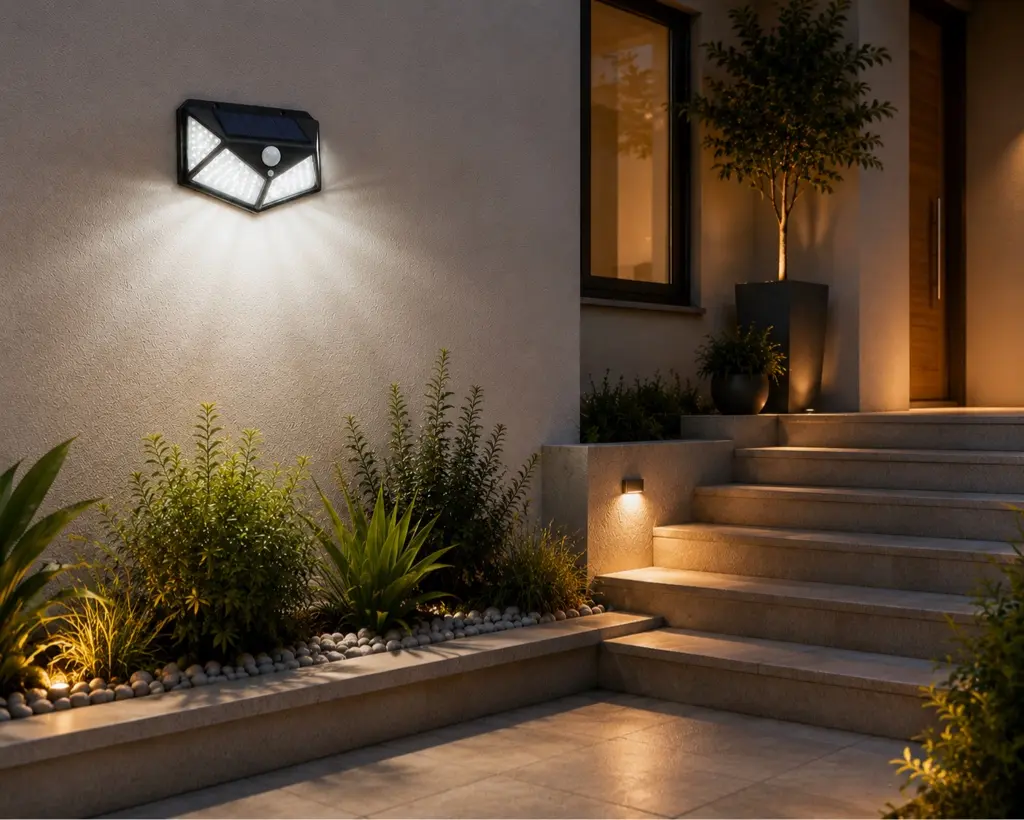 Aplique solar HEXA instalado junto a una entrada residencial